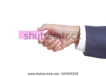 Businessman hand holding sticky note, isolated on white