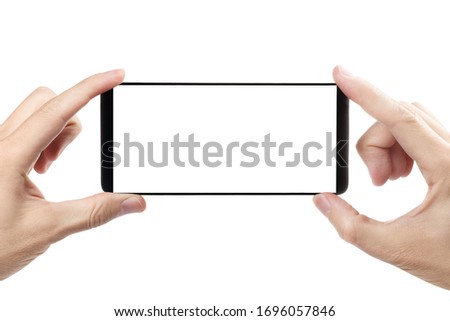 Black smartphone in hands, isolated on white background