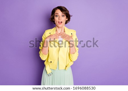 Portrait of astonished girl impressed hear incredible novelty she choose decide for work project point hands herself scream wear bright clothes isolated over purple color background