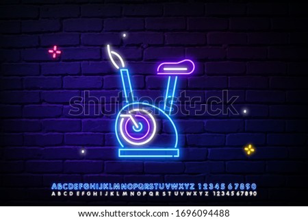 Exercise bike neon sign. Fitness club, sport and advertisement design. Night bright neon sign, colorful billboard, light banner. Vector illustration in neon style.