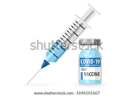 Covid-19 Coronavirus concept. vaccine vial and syringe. quarantine from Wuhan novel coronavirus. pandemic covid-19 outbreak. isolated icon. flat vector illustration Royalty-Free Stock Photo #1696101607