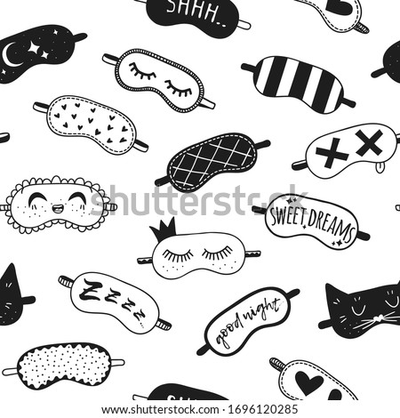 Hand drawn Seamless Pattern about Sleep Routines.Vector Cozy Illustration Sleeping Mask. Creative artwork. Set of doodle  objects