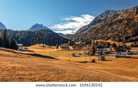Awesome alpine highlands in sunny day. Wonderful autumn landscape, cenic image of fairy-tale woodland in sunlit. picture of wild area. Dolomites alps. Italy