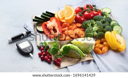 Low glycemic healthy foods for  diabetic diet. Food with foods high in vitamins, minerals,  antioxidants, smart carbohydrates.  Royalty-Free Stock Photo #1696141429