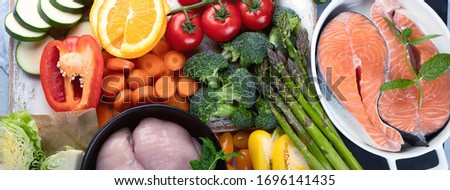 Low glycemic healthy foods for  diabetic diet. Food with foods high in vitamins, minerals,  antioxidants, smart carbohydrates. Top view. Panorama, banner Royalty-Free Stock Photo #1696141435