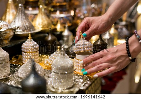 Decorative Tea sets and Turkish coffee service sets on a tray in the Grand Bazaar in Istanbul