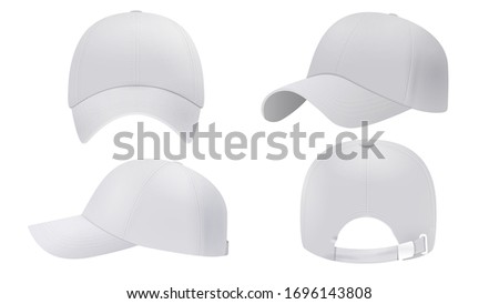 White cap Mockup, realistic style. Hat blank template, baseball caps, vector illustration set. Collection of modern realistic fashion accessories,headgear,headwear, headdress Royalty-Free Stock Photo #1696143808
