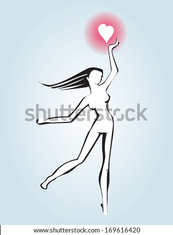 Running girl with heart in hand. Vector
