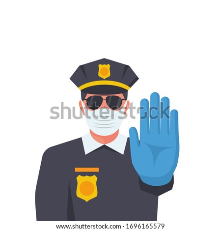 A cop in a medical protective mask and rubber gloves makes a STOP gesture with his hand. Quarantine Control. Coronavirus Prevention. Vector illustration flat design. Isolated on white background.