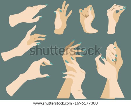 Set of female hands in flat isolated vector. Slim woman holding something and uses hand cream. Decorative elements for spa ads or minimalist flyers.