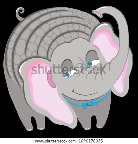 
The illustration depicts a cute elephant with blue eyes and spots
