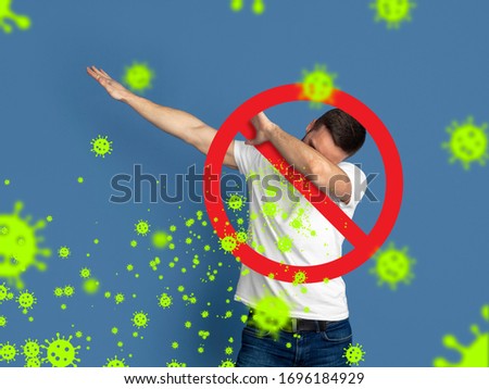How to sneezing right - caucasian man dabbing isolated on studio background with viruses illustration. Beautiful male model. Human emotions, sales, healthcare and medicine concept. Stop epidemic.