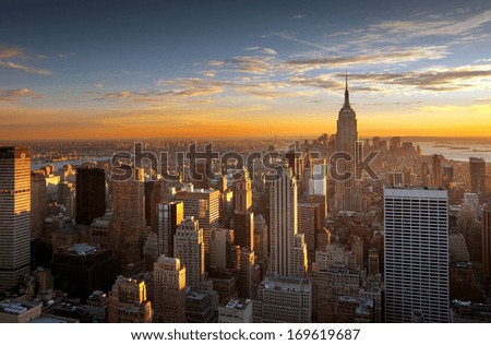 Colorful sunset over the skyline of New York city