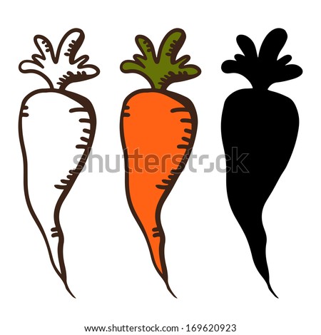 Set simple sketch icons carrots isolated on white background. Vegetables. Food. Hand drawn. Silhouette, color, line art - raster version