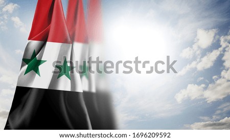  Close up waving flag of Syria. National Syria flag in the sky.