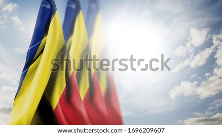  Close up waving flag of Romania. National Romania flag in the sky.