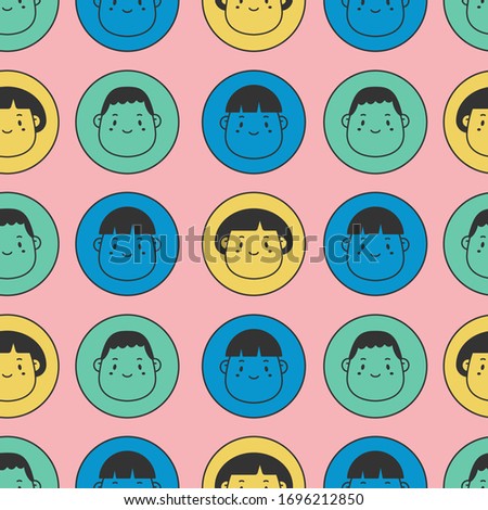 Outline male and female Avatars in circles. Various Haircuts. Minimalistic Icons. Colorful Graphic Vector Seamless pattern. Cartoon Asian style. Simple cute design. Pink background. Wallpaper