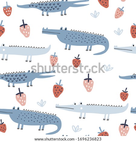 Baby seamless vector pattern. Cute  crocodiles on white background. Creative scandinavian kids texture for fabric, wrapping, textile, wallpaper, apparel. Vector illustration in pastel colours