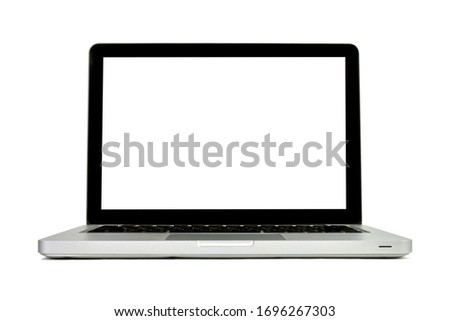 Clipping path. Close up of Laptop empty blank white screen isolated on white background view. Laptop isolatedview. Office and the business laptop(pc) on white background. Mockup