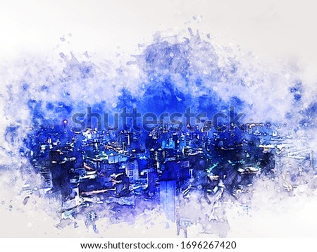 Abstract colorful offices building in the city at night on watercolor illustration painting background.