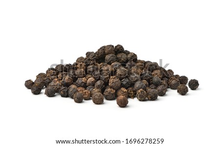 Pile of Black peppercorns (Black pepper) seeds isolated on white background. Royalty-Free Stock Photo #1696278259