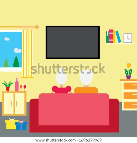 Old man and old woman are sitting on a sofa in front of a television, illustration of a flat design.