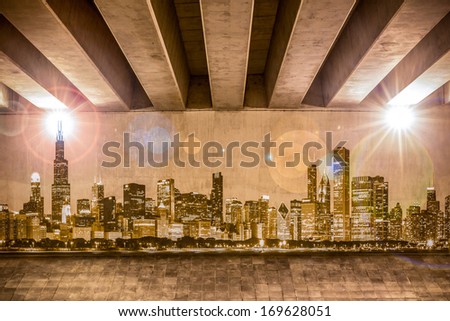 Chicago skyline as wall drawing on the support column of an overpass