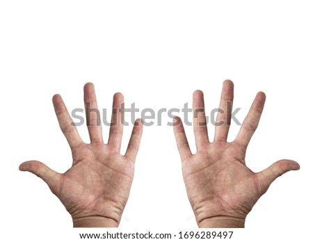 Hands isolate, set of human hands showing gesture isolate on white background with clipping path, Low contrast for retouching or graphic design.
