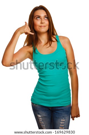 girl woman shows gesture phone call isolated on white background