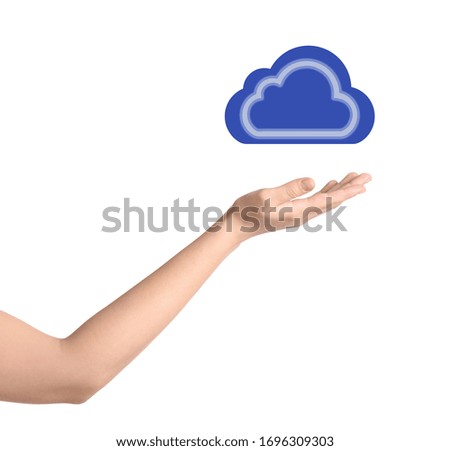 Woman holding virtual cloud icon on white background, closeup of hand. Data storage concept