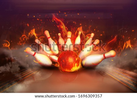 Flaming bowling ball bouncing pins. Successful hit - strike
