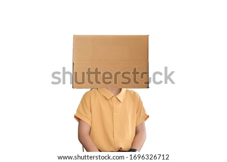 little girl wearing cardboard box on his head, Isolated on white background.