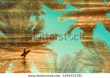 Silhouette of a surfer at sunset, double exposure photography with palm trees