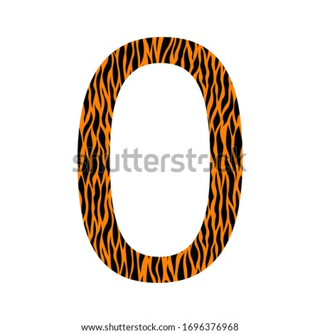 Decorative black and oranje number 0 with animal ornament. Tiger skin. Textured curved lines effect. One isolated number. Template design for card, poster, banner. Vector fashion font. 