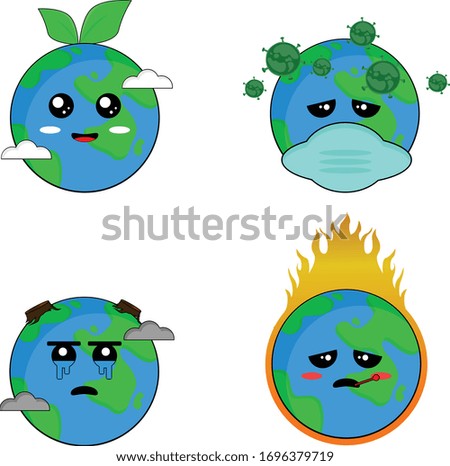 earth with a variety of happy expressions. attacked by a corona virus, deforestation and global warming in the form of a funny vector.