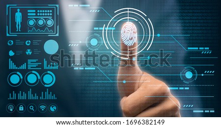 Fingerprint Identification. Unrecognizable Businessman Touching Virtual Panel With Finger For Information Access. Panorama, Closeup