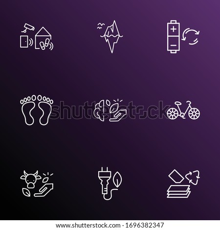 Eco icons line style set with paper recycling, iceberg, rechargeable batteries and other recycle page elements. Isolated vector illustration eco icons.