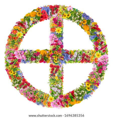 A sun cross, solar cross, or wheel cross is a solar symbol consisting of an equilateral cross inside a circle. Isolated on white collage from summer flowers
