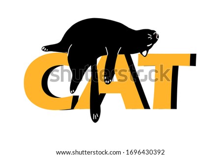 a lazy black cat is lying on the inscription in large letters cat .Vector illustration in the style of a cartoon.isolated on a white background. suitable for postcards, cap designs, posters, mugs.