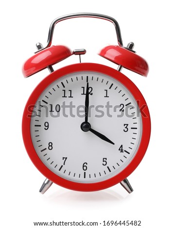 Red alarm clock set at four isolated over white background close-up with clipping path Royalty-Free Stock Photo #1696445482