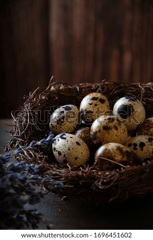 Quail eggs in the nest. Decoration for the Easter table. On a wooden background, in a dark key. Vertical orientation of the image. The photo has a copy space.
