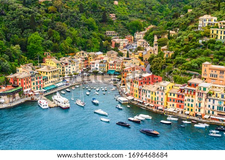 Beautiful aerial view of Portofino colorful village and port in Genoa area, on the Italian Mediterranean riviera, Italy Royalty-Free Stock Photo #1696468684