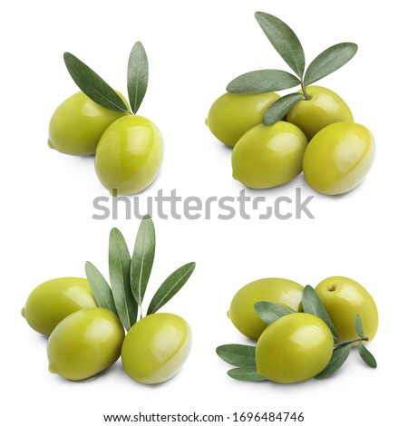 Collection of delicious green olives with leaves, isolated on white background Royalty-Free Stock Photo #1696484746