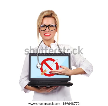 female doctor holding laptop with stop smoking