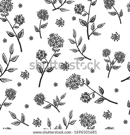 Delicate twigs with small flowers. Vintage seamless pattern with twig. Background for eco forest autumn celebrations. Black floral rustic symbols on white hand drawing style