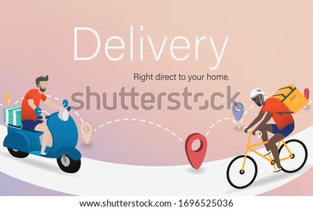 Delivery concept. Delivery motorcycle and bicycle with box for delivery in digital technology vector design. New age revolution of delivery business. Background backdrop website landing page
