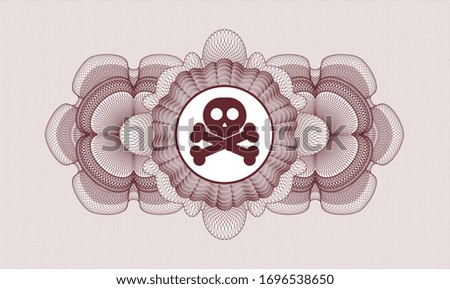 Red passport money style rosette with crossbones icon inside