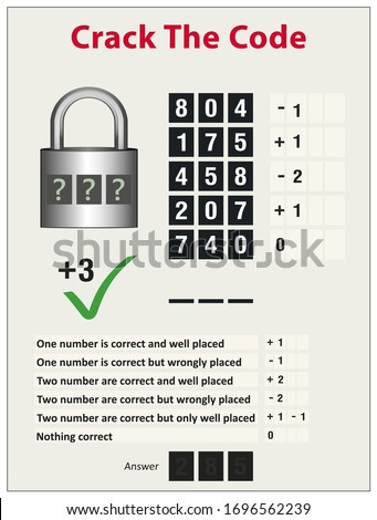 Crack the code. Fun math and brain game. Number puzzle game (with the answer) vector illustration. 