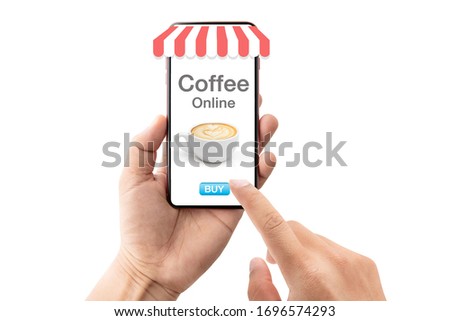 Hand holding smartphone, coffee online, food delivery concept