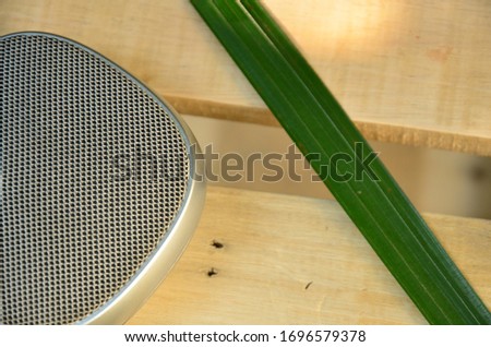 Close up metal bluetooth speaker on vintage wooden desk with green leaf of palm tree on island resort. Chill out concept.